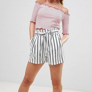 Boohoo petite black and white striped belted shorts
